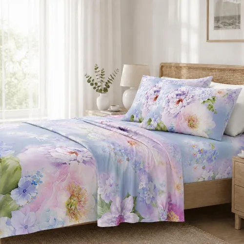 Vista 4 de YIYEA Juego de sábanas individuales, sábanas de hotel de calidad de 1800 hilos de microfibra doble cepillada con flores para cama individual, extra