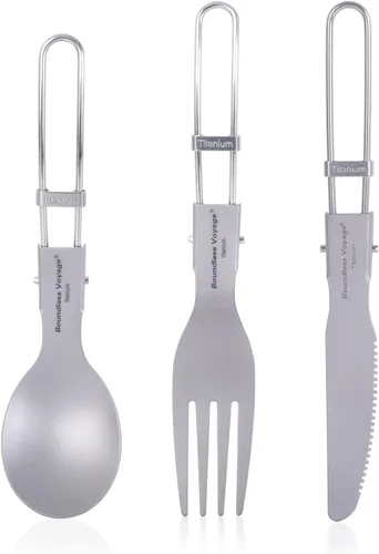 Vista 8 de iBasingo Cuchillo de tenedor de titanio con mango plegable, utensilios de vajilla ultraligeros para camping, picnic al aire libre, senderismo
