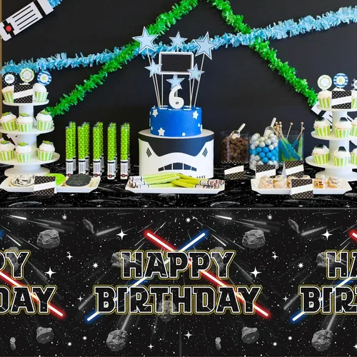 Vista 4 de BOpusail 3 manteles rectangulares de plástico impermeables para mesa de cumpleaños con temática de estrella de película de galaxia, suministros