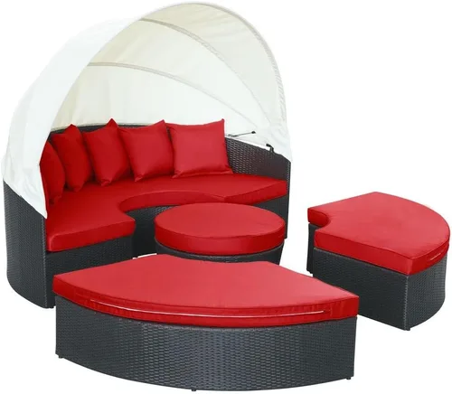 Vista 3 de LexMod sillón circular de mimbre para patio con dosel, marrón café., Espresso Moka