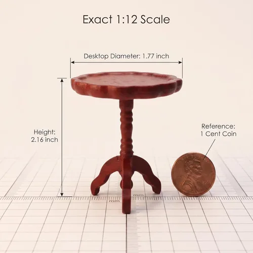 Vista 3 de Mesa auxiliar de casa de muñecas en miniatura, a escala 1:12, muebles de madera, mesa de té lateral redonda, modelo para casa de muñecas, sala