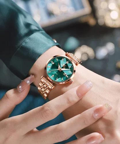 Vista 2 de OLEVS Relojes de mujer Vestido simple Reloj de mujer Reloj de acero inoxidable de oro rosa Reloj impermeable de cuarzo con fecha de lujo