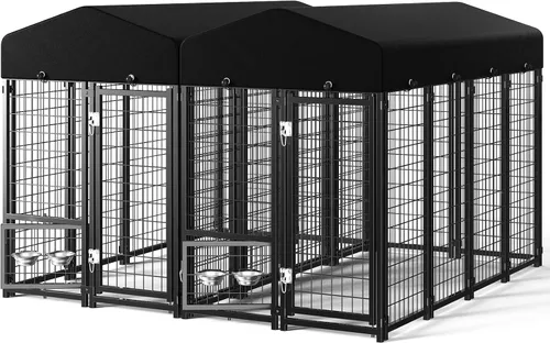 Vista 11 de Perrera para Perros al Aire Libre, Perrera para Perros con Techo y Comederos Giratorios/Puerta para Perros Desmontable Permite Conectar Su Casa