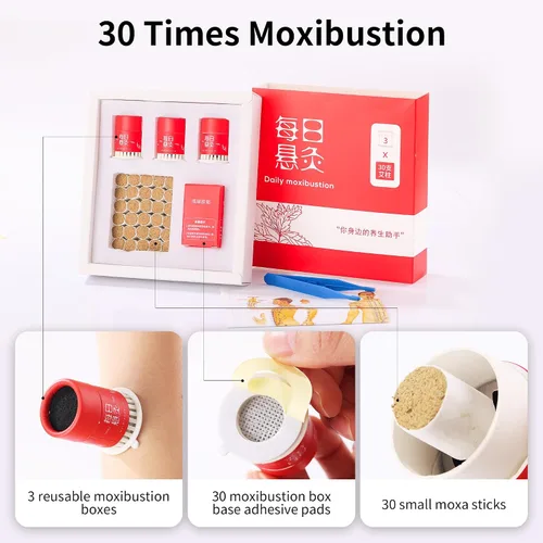 Vista 4 de Kit de moxibustión tradicional con 3 cajas de moxibustión reutilizables, 30 palitos de moxa pequeños, 30 bases de calcomanías de caja de moxibustión