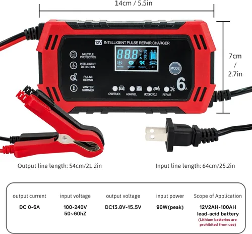 Vista 2 de Cargador de batería de automóvil, cargador y mantenedor de goteo de 12 V y 6 amperios, cargador de batería completamente automático inteligente