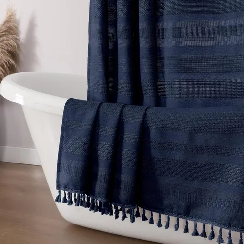 Vista 32 de OVZME Cortina de ducha bohemia negra, cortina de ducha estrecha de tela suave a rayas de lino texturizado con borla, moderna decoración de baño