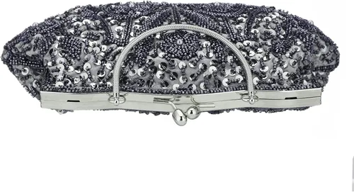 Vista 6 de Vistatroy Bolso de noche de diseño floral con cuentas con diseño de lentejuelas vintage cierre de beso bolso de mano de satén bolso de mano