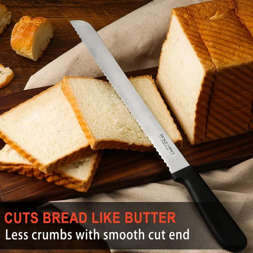 Vista 4 de Cuchillo dentado de 10 pulgadas para pan casero, cuchillo de acero inoxidable con borde ondulado ancho, cuchillo de cocina multiusos, cortador
