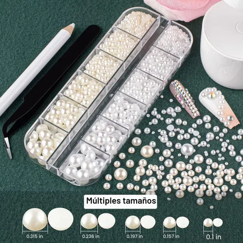 Vista 3 de Kit de diamantes de imitación y perlas con parte trasera plana, cristal redondo AB y gemas blancas transparentes+perlas blancas y beige