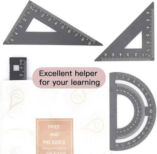 Vista 6 de Paquete de 4 herramientas de geometría matemática de metal negro de aleación de aluminio recto, transportador de regla triangular, herramientas