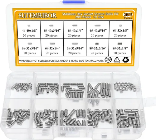 Vista 2 de 380 piezas de 20 tamaños, 4#-40 a 3/8 "-16 de acero inoxidable interno hexagonal de acero inoxidable, juego de tornillos surtidos