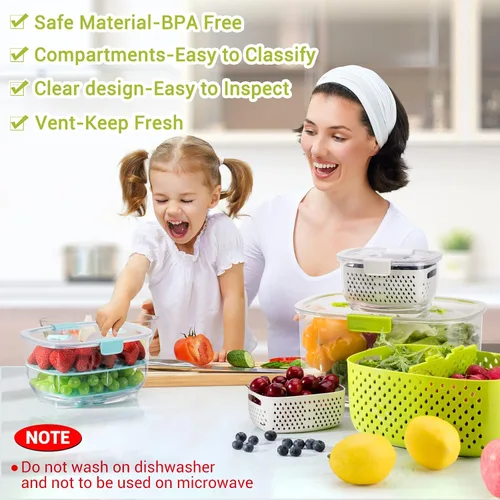 Vista 3 de LUXEAR Juego de 3 unidades de contenedores de almacenamiento de frutas y vegetales frescos, contenedor de almacenamiento de refrigerador sin BPA