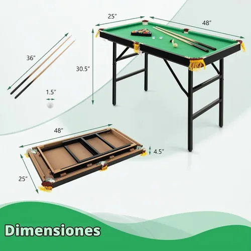 Vista 13 de GYMAX Mesa de billar, mesas de billar plegables de 48 pulgadas con bolas, 2 palillos de taco, tizas y cepillo, mini mesa de billar para niños Verde