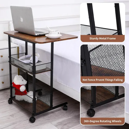 Vista 7 de Mesa auxiliar en forma de C con cesta de almacenamiento, mesa de sofá pequeña con ruedas para sofá reclinable, mesas auxiliares color marrón rústico