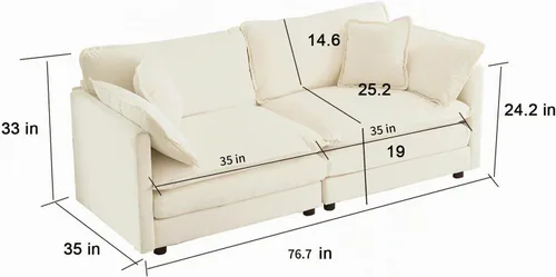 Vista 2 de Sofá Loveseat Grande en Beige y Blanco de 194.8 cm, Sofás Seccionales de 2 Plazas Grandes para Sala de Estar, Sofá Seccional Modular de Tela