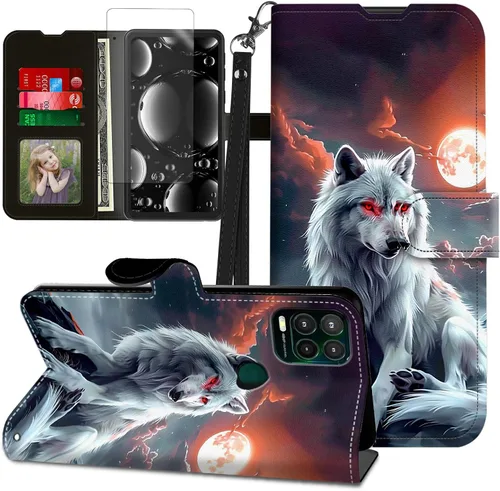 Vista 273 de Funda para Motorola Edge 2022 con protector de pantalla, soporte y tarjetero y correa para la muñeca, funda magnética para Moto Edge 2022 5G UW Lobo