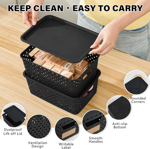 Vista 3 de Paquete de 10 cubos pequeños de plástico con tapas, cestas de almacenamiento de plástico apilables para organizar con asas, contenedores