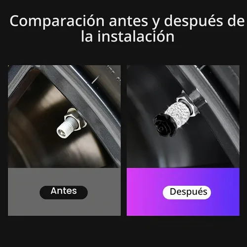 Vista 3 de Tapas brillantes para válvula de neumático 4 Pack, tapas de válvula de neumático con flores de rosa, cubiertas universales de vástago con diamantes