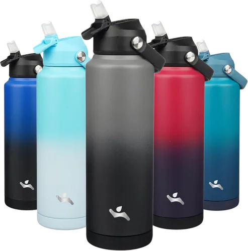Vista 36 de Konokyo Botella de agua aislada con tapa de pajilla, botella de metal al vacío de acero inoxidable de 18 onzas con mango de silicona, color negro