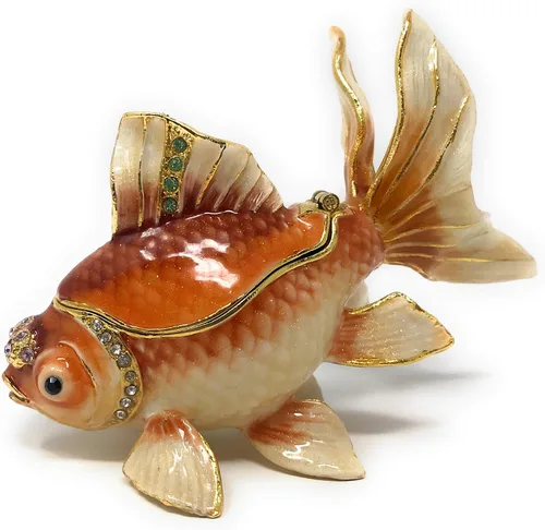 Vista 3 de Caja de baratijas esmaltada Fantail Koi Goldfish acentuada con cristales austriacos, 3.5 pulgadas de largo