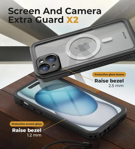 Vista 6 de MOTIVE Funda impermeable para iPhone 15, protector de pantalla integrado, compatibilidad MagSafe sin costuras, protector a prueba de polvo, a prueba