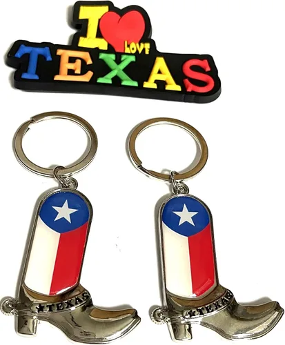 Vista 4 de Juego de 2 llaveros de recuerdo de Texas con imán para nevera con texto en inglés "I Love Texas", Diseño de horizonte de Dallas, Mediana