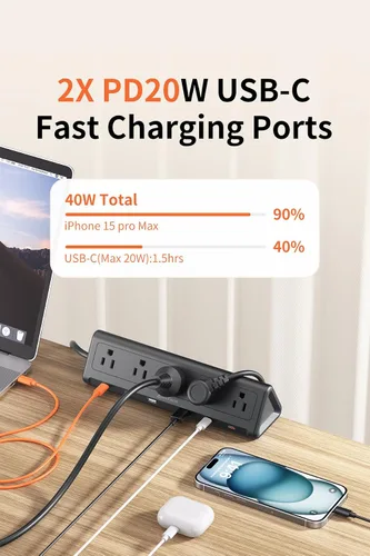 Vista 5 de Regleta de alimentación con abrazadera de escritorio de 6.5 pies con 5 salidas de CA y 6 puertos USB PD de 40 W USB-C de carga rápida, cable de Negro