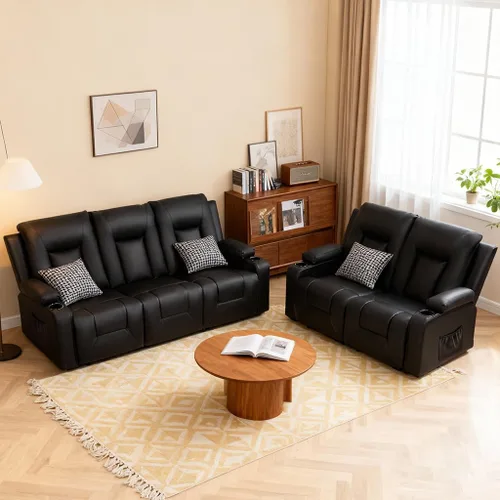 Vista 12 de COMHOMA Muebles sofá de cuero consolidado con masaje, portavasos, juego de sala de estar, silla reclinable, 3+1+1, negro