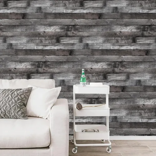Vista 3 de Papel tapiz de madera vintage para despegar y pegar de 17.3"×80" gris/negro, papel de contacto de madera rústica, papel tapiz extraíble, papel