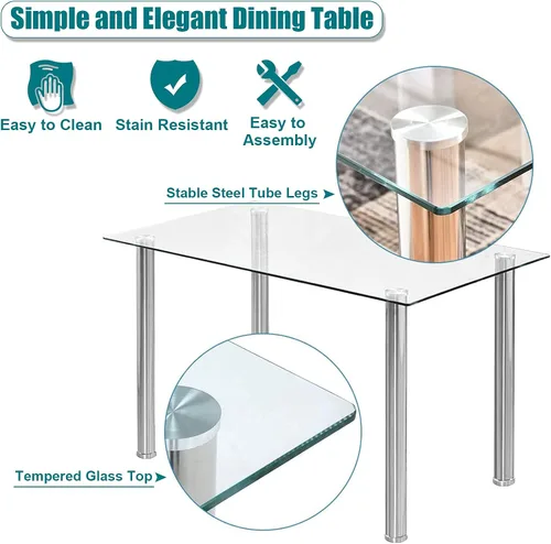 Vista 9 de Juego de mesa de comedor de 5 piezas, mesa superior rectangular de vidrio templado de 43 pulgadas, 4 sillas de cuero con respaldo alto, juego