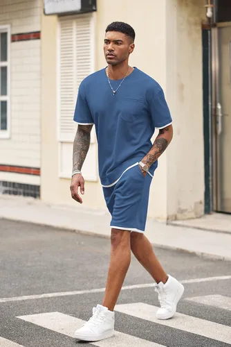Vista 26 de COOFANDY Conjunto de camisa y pantalones cortos de gofre para hombre, conjunto de 2 piezas, conjunto casual de verano con bolsillos