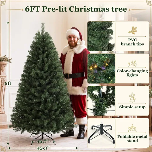 Vista 2 de Árbol de Navidad artificial preiluminado con control remoto, 6 pies Luces verdes y de cambio
