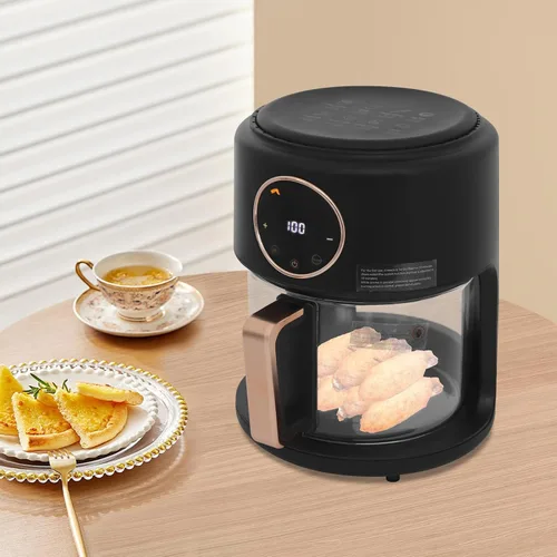Vista 6 de Freidora aireada de 4.2L, vidrio LCD negro 360° Visual Airy Freidora con pantalla digital, freidora de aire de vidrio de 1200 W, temperatura