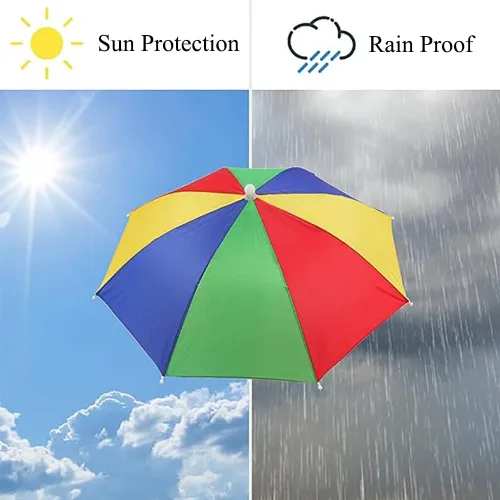 Vista 6 de Sombrero de paraguas para adultos y niños, protección contra la lluvia y el sol manos libres, diseño colorido de arco iris para pesca, senderismo