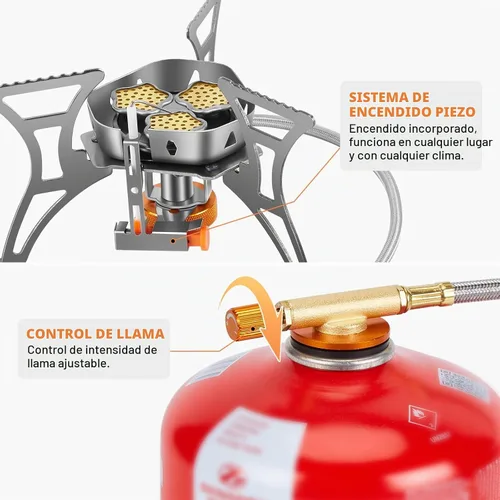 Vista 3 de WADEO Estufa de camping resistente al viento de 6800 W, estufa de mochilero con encendido piezoeléctrico y adaptadores de recipiente de combustible
