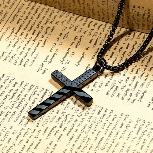 Vista 2 de Wolentty Collar con cruz de bandera estadounidense de acero inoxidable grabado religioso filipenses 413 joyería con colgante para hombre color negro