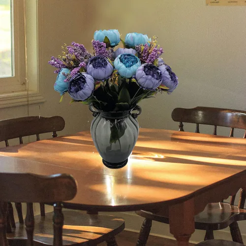 Vista 4 de 1 ramo de peonía artificial, racimo de peonía de seda de 19 pulgadas con 7 flores sintéticas, flores artificiales de estilo clásico con hojas y Azul