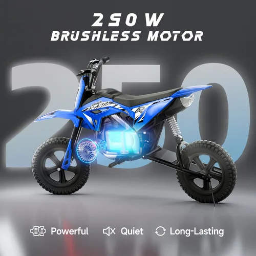 Vista 3 de Bicicleta eléctrica de 24 V para niños, acelera tp 11 MPH, Dirt Bike Azul