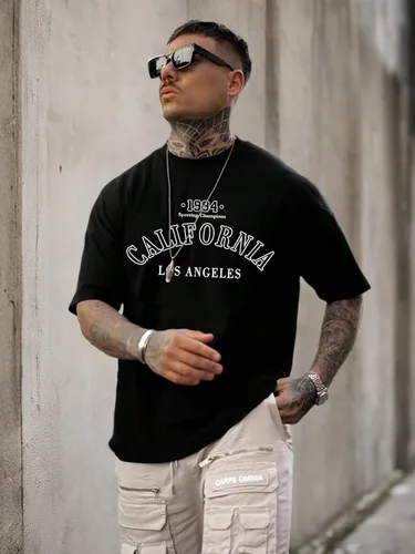 Vista 5 de GORGLITTER Camiseta de manga corta con cuello redondo para hombre, casual, hombros caídos, camiseta de gran
