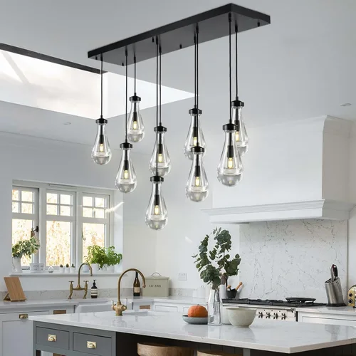 Vista 15 de Luces Colgantes Modernas de Gota de Lluvia, Luces Colgantes para Isla de Cocina, Lámpara de Comedor con Barra de Latón, Candelabro de Gota de Lluvia