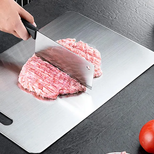 Vista 5 de Tablas de cortar de acero inoxidable para cocina, tabla de cortar de doble cara resistente con asa, tabla de cortar de metal grueso (11.4 x 7.9 in)