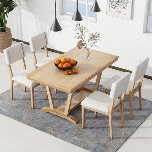 Vista 20 de Farmhouse - Juego de comedor rústico de 5 piezas con 4 taburetes, juego de mesa consola de madera con acabado de dos tonos, para comedor pequeños