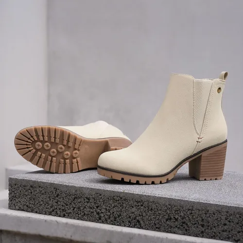 Vista 3 de JABASIC - Botines casuales de ante para mujer con tacón de bloque, botas de meter tipo Chelsea