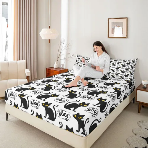 Vista 6 de Juego de sábanas bajeras con bonito diseño de gato negro para niños y niñas, diseño de dibujos animados de Halloween, gato, animales, sábanas