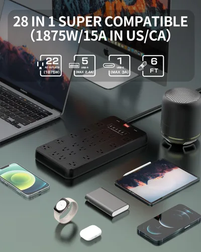 Vista 2 de FDTEK - Tira de alimentación con protección contra sobretensiones, 22 tomas de corriente alterna con 6 USB (1 USB-C), cable de extensión de 6.5