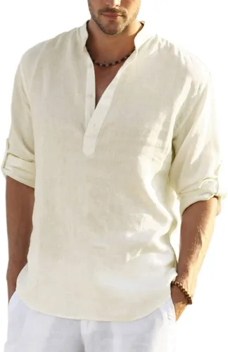 Vista 18 de COOFANDY Camiseta Henley de algodón y lino para hombre, de manga larga, estilo hippie, casual, playera