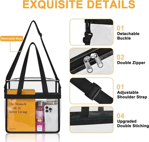 Vista 5 de Bolsa transparente para eventos en estadios bolsa transparente con correas ajustables para conciertos de trabajo, viajes, solo un bolsillo