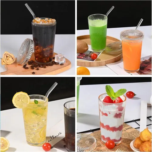 Vista 3 de Joeyan Vaso de vidrio con tapa y pajita, taza de café helado transparente acanalada, vasos vintage, cristalería acanalada para jugo, batido, agua