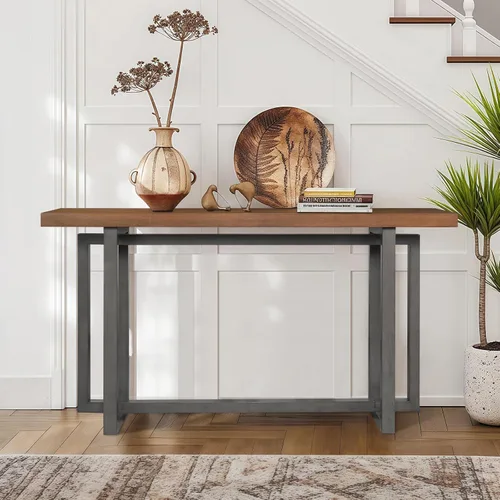 Vista 8 de Mesa de sofá de 59.05 pulgadas para sala de estar, mesa consola Morden, mesa rectangular estrecha de madera maciza con patas de madera de goma