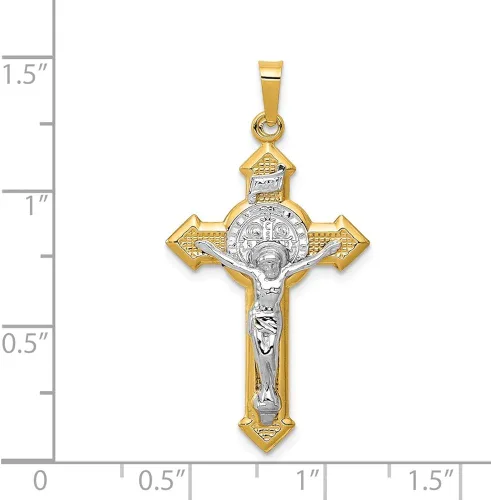 Vista 3 de Oro amarillo de 14 quilates patrón católico de dos tonos medalla de San Benito colgante de cruz INRI dije de crucifijo 1260in x 0748in Metal